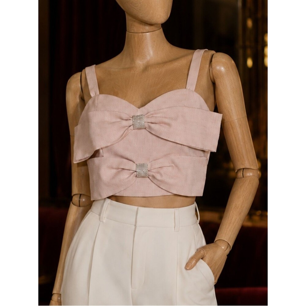 NWOT Sugarlips Lina Bow Crop Top Blush Pink Rhinestone Smocked Back XL Coquette